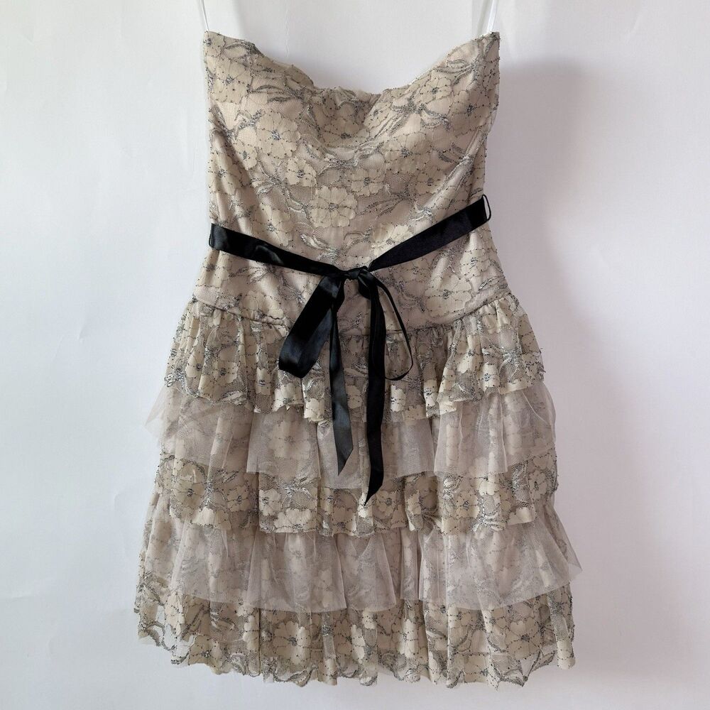 AS YOU WISH Women Junior Sz M Nude Mesh Tiered Ruffle Dress Lace Prom Homecoming